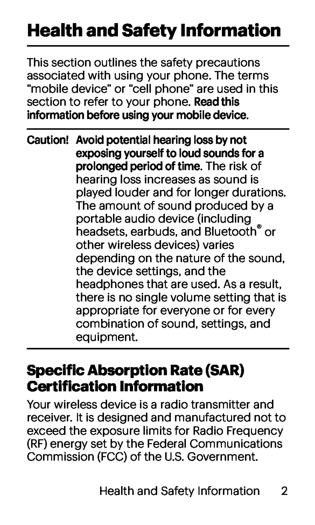 Specific Absorption Rate (SAR) Certification Information Health and Safety Information