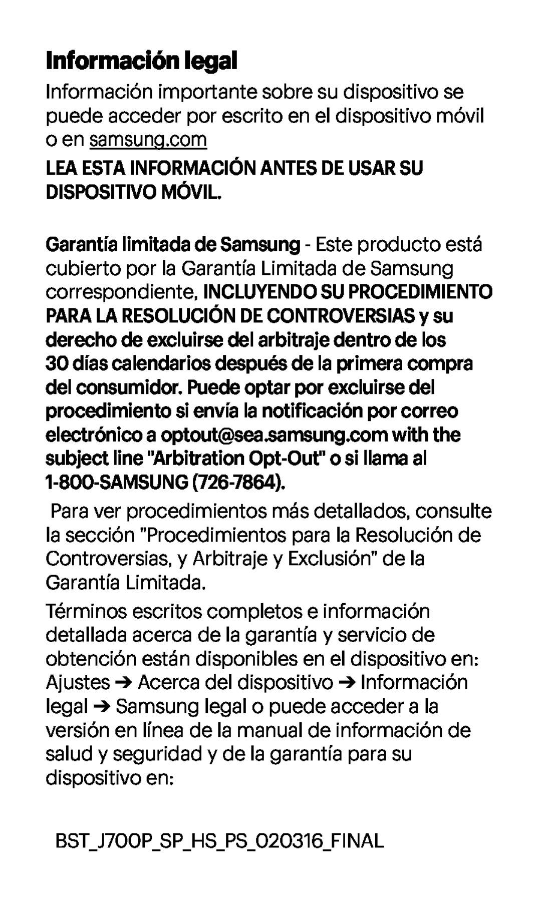 Información legal Galaxy J7 Boost Mobile