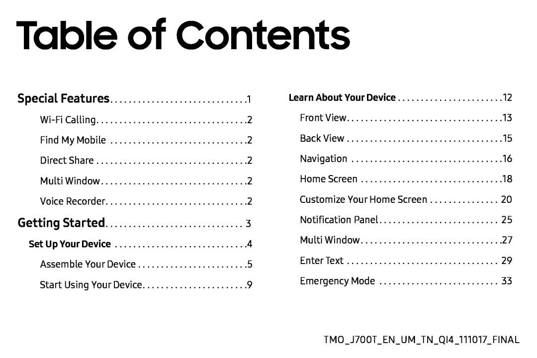 Table of Contents Galaxy J7 T-Mobile