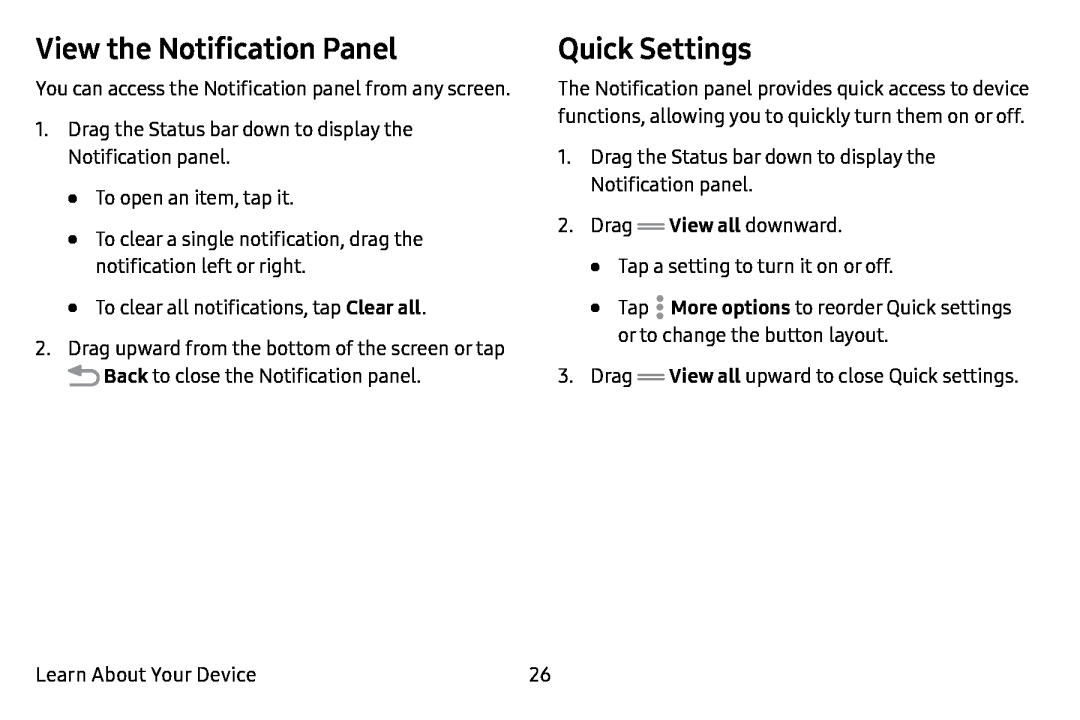 View the Notification Panel Quick Settings