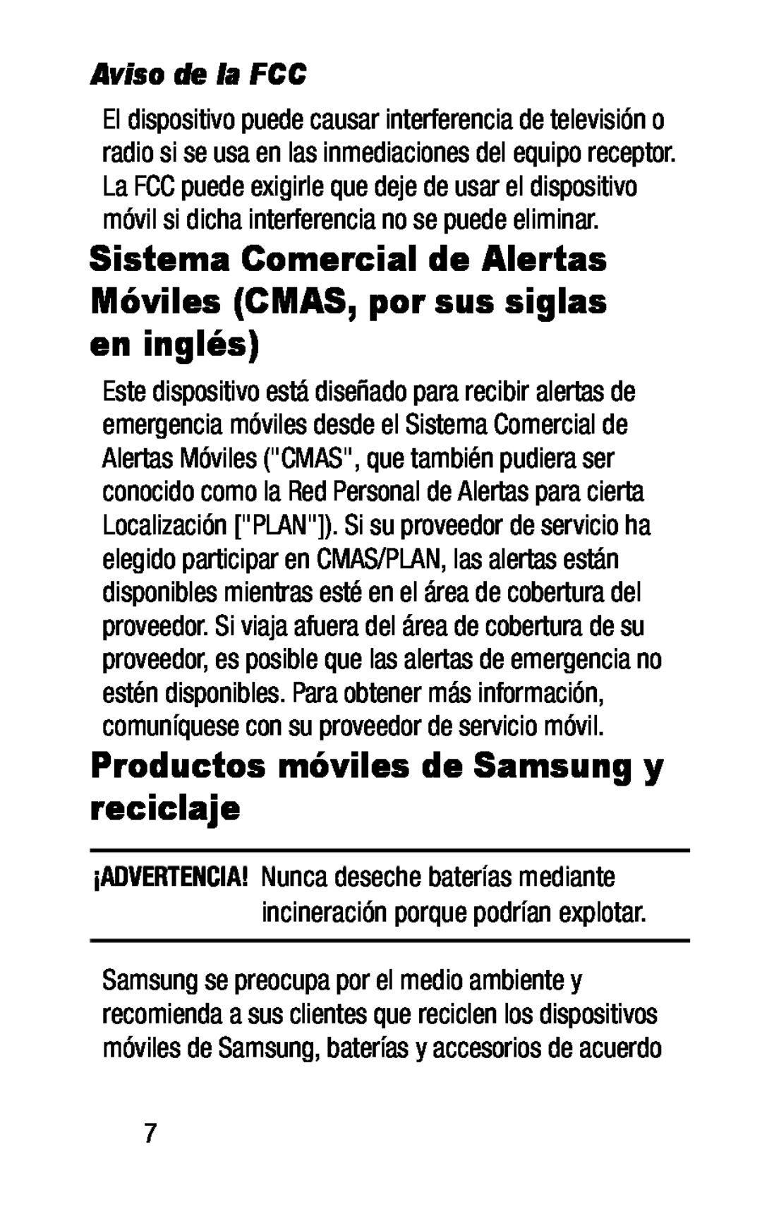 Sistema Comercial de Alertas Móviles (CMAS, por sus siglas en inglés) Productos móviles de Samsung y reciclaje