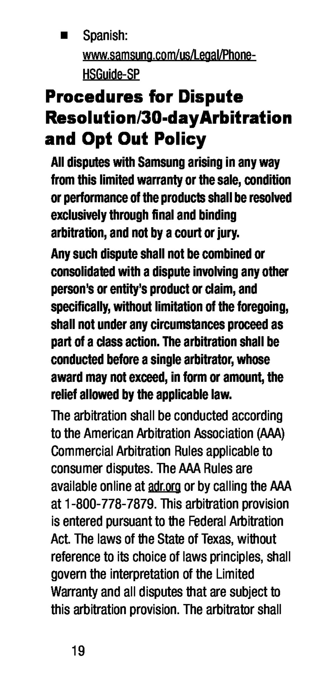 Procedures for Dispute Resolution/30-dayArbitrationand Opt Out Policy Galaxy J7 2017 US Cellular