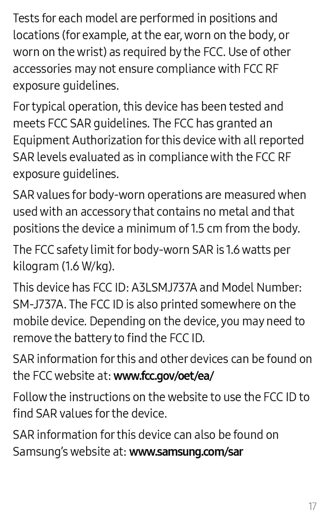 www.samsung.com/sar Galaxy J7 2018 AT&T