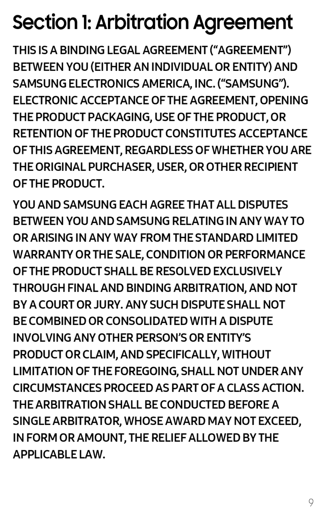 Section 1: Arbitration Agreement Galaxy J7 2018 AT&T