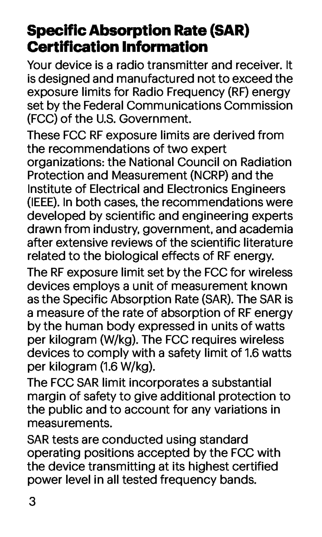 Specific Absorption Rate (SAR) Certification Information