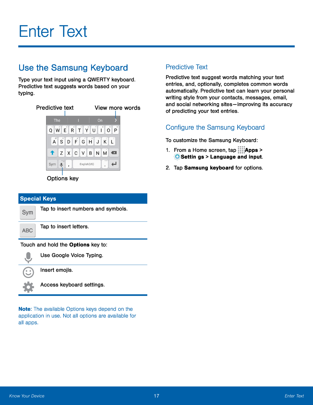 Predictive text Options key