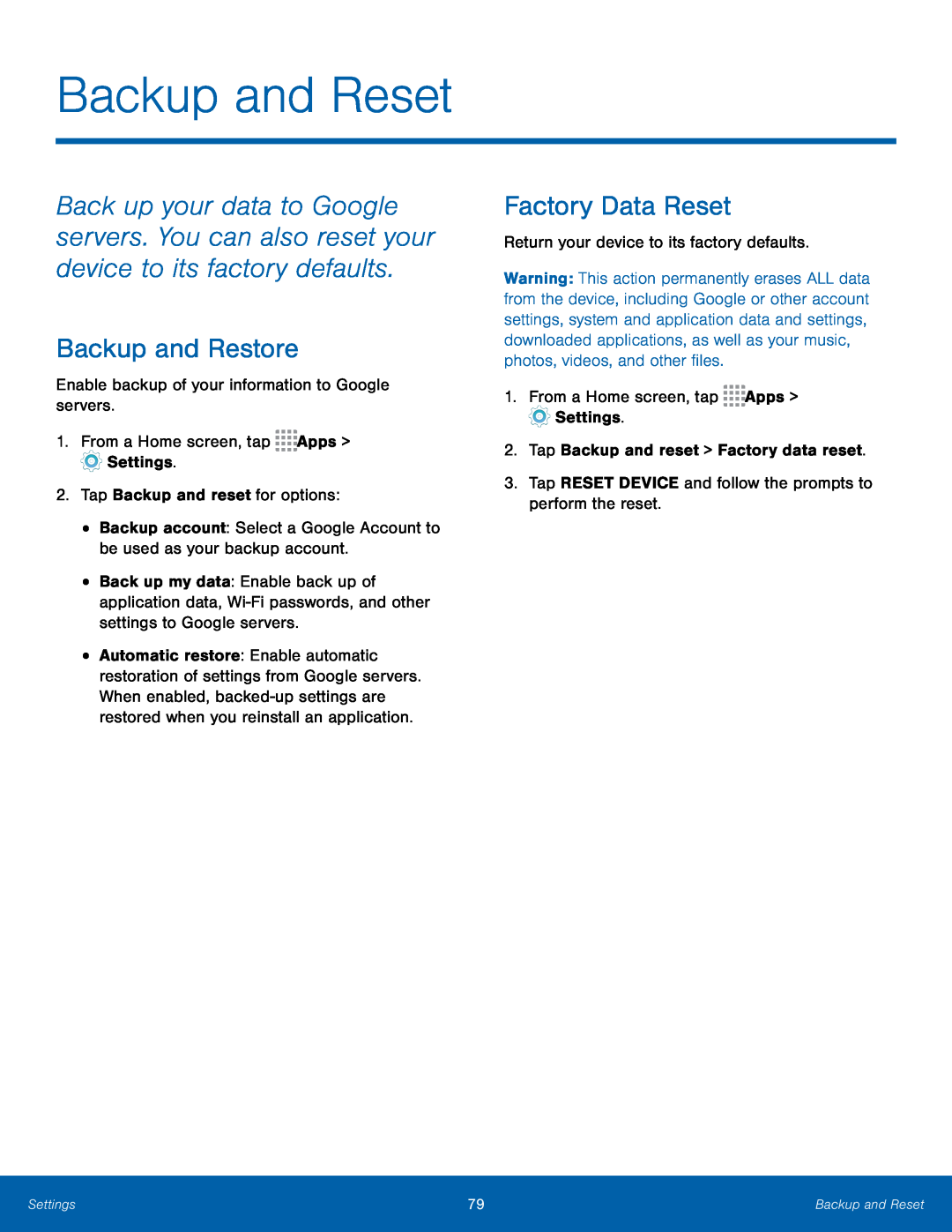 Backup and Restore Factory Data Reset