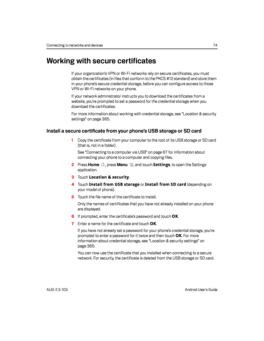 Install a secure certificate from your phone’s USB storage or SD card Google Nexus S AT&T