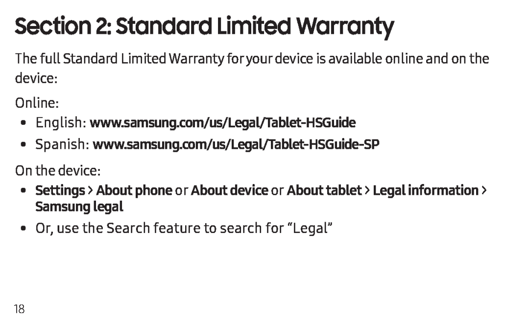 Section 2: Standard Limited Warranty Galaxy Tab A 8.0 New T-Mobile