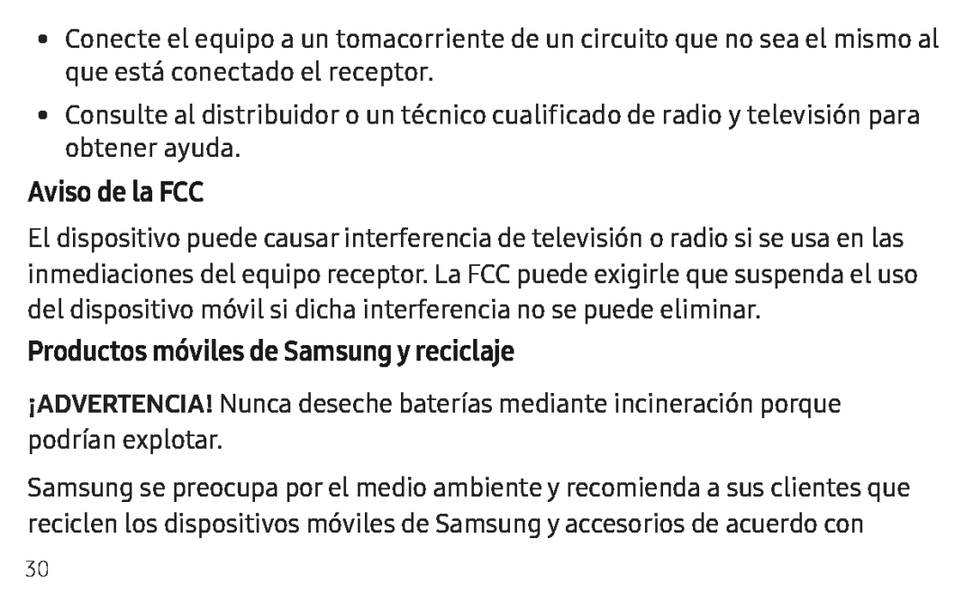 Aviso de la FCC Productos móviles de Samsung y reciclaje