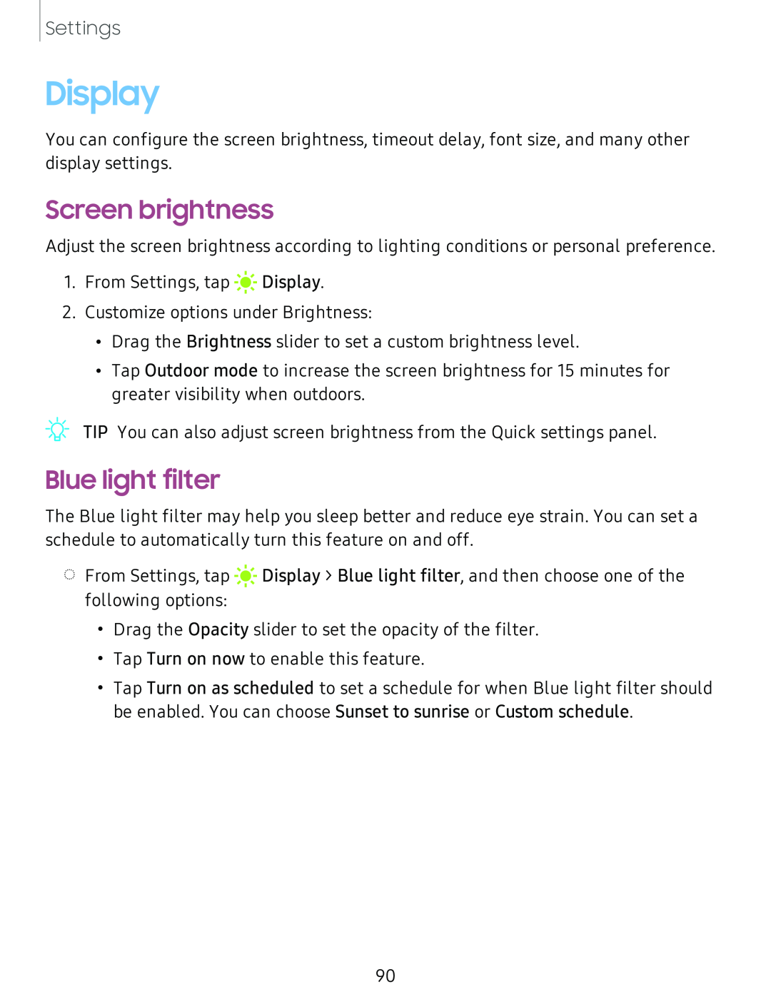 Screen brightness Blue light filter