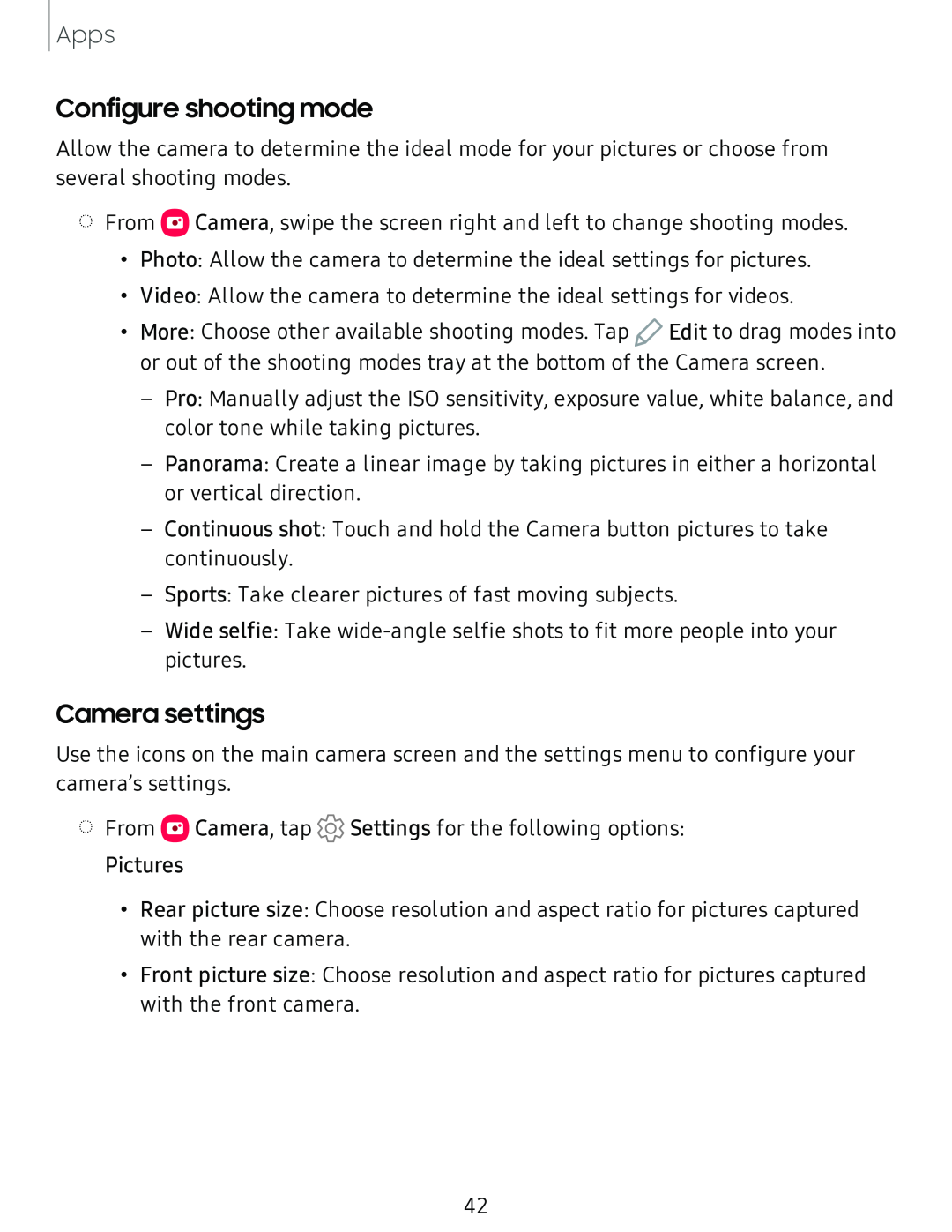 Configure shooting mode Camera settings