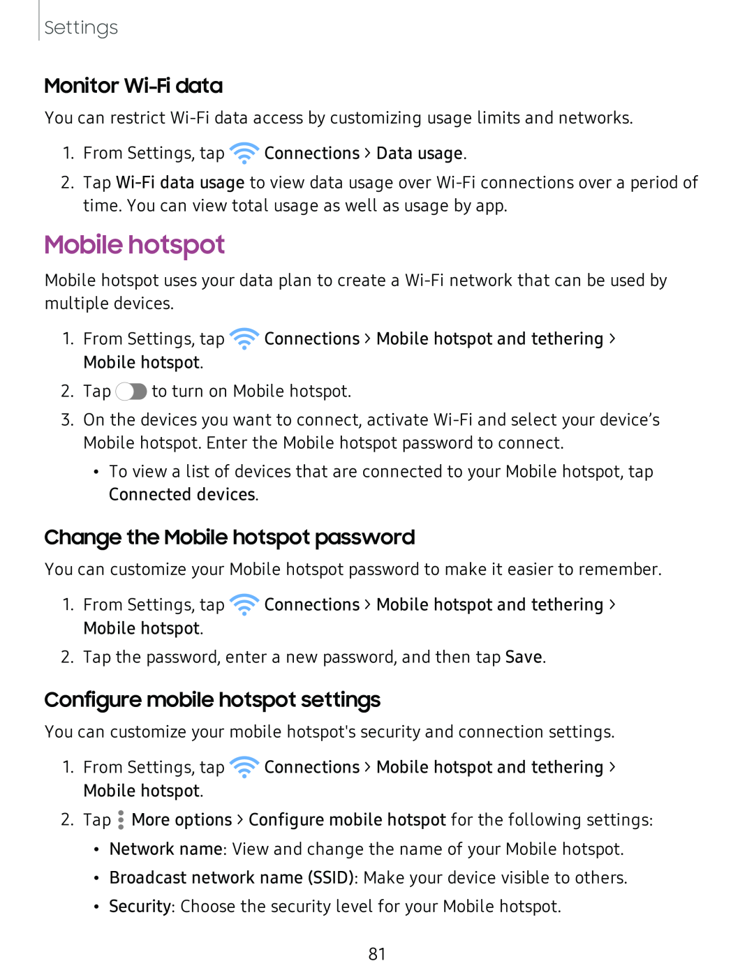 Monitor Wi-Fidata Change the Mobile hotspot password