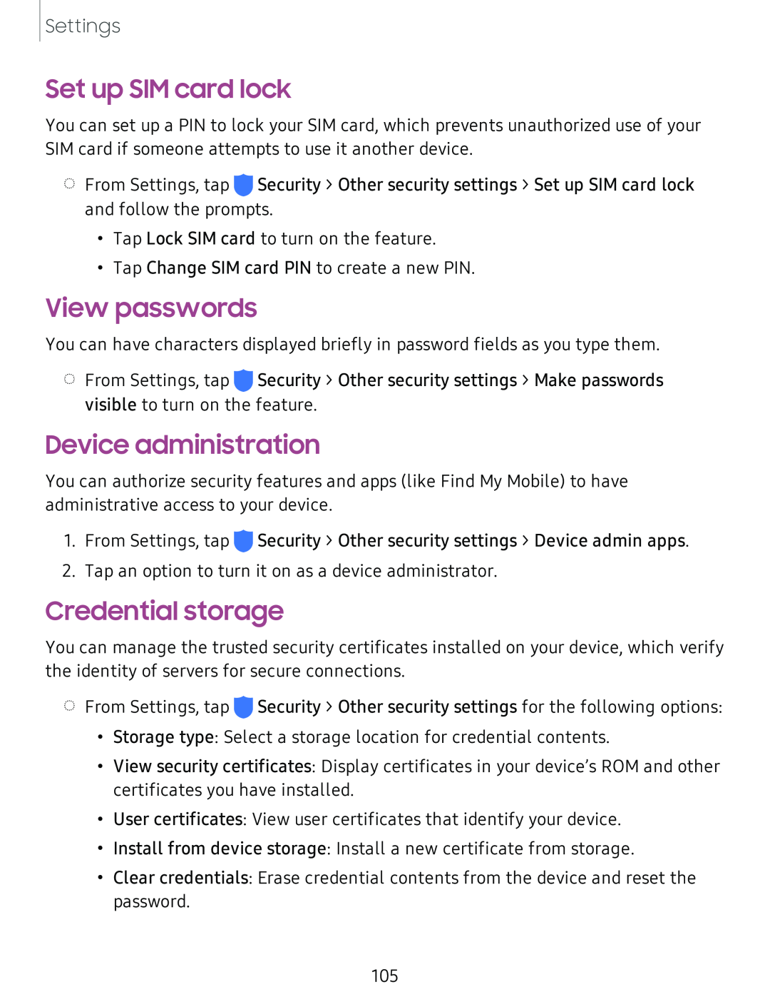 Set up SIM card lock View passwords