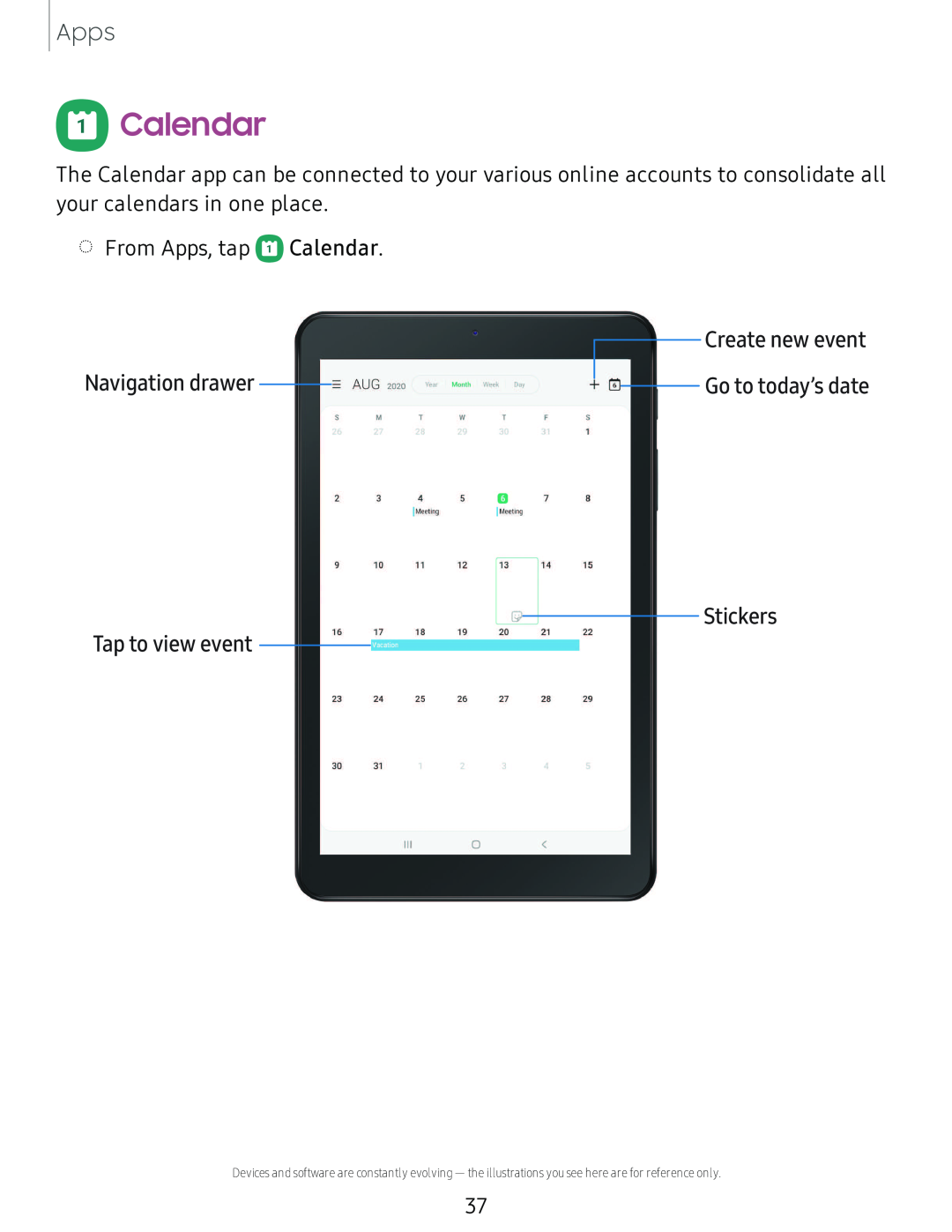 Navigation drawer Tap to view event