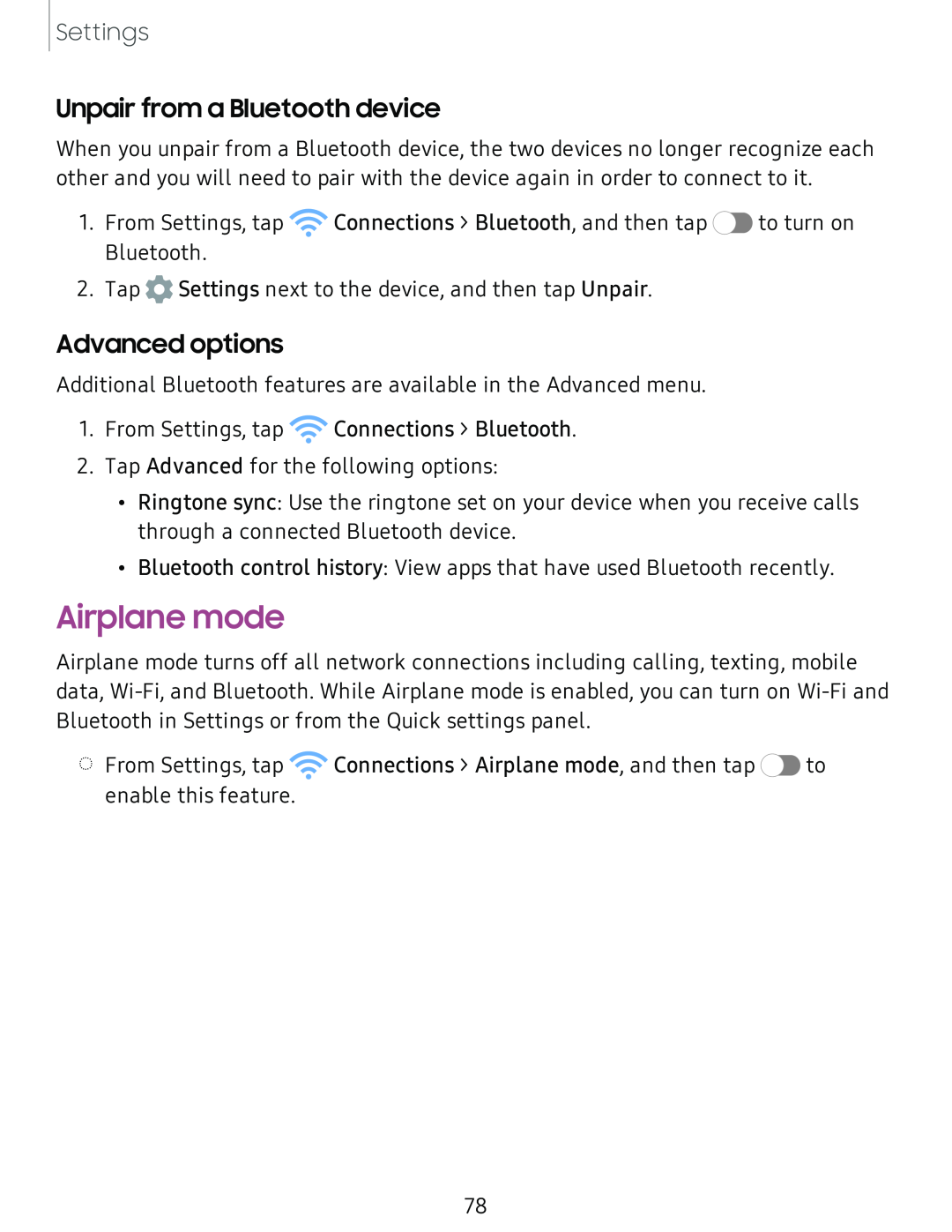 Unpair from a Bluetooth device Advanced options