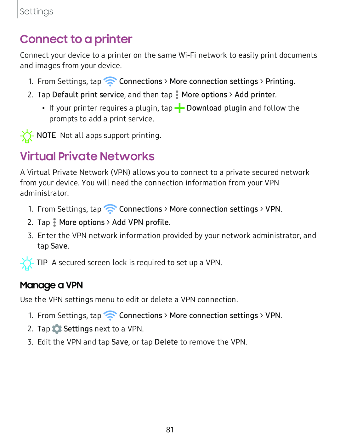 Manage a VPN Connect to a printer