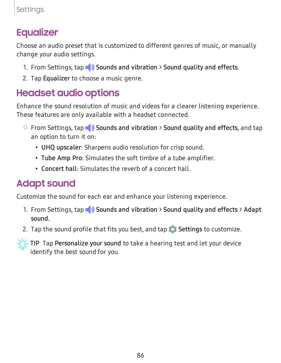 Equalizer Headset audio options