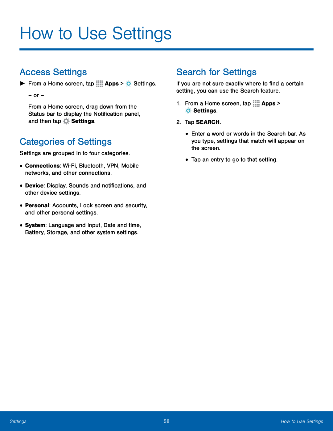 Access Settings Categories of Settings