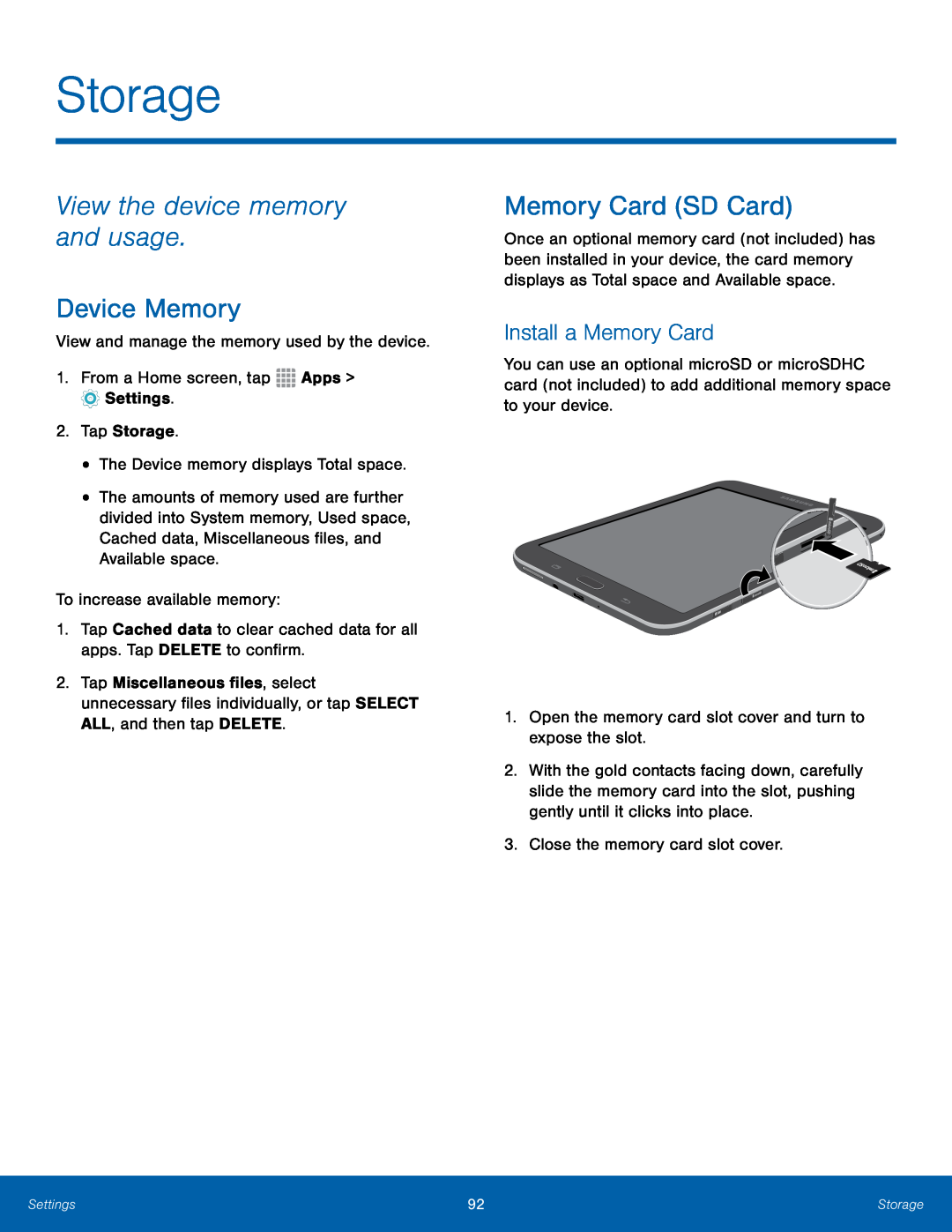 Install a Memory Card View the device memory and usage