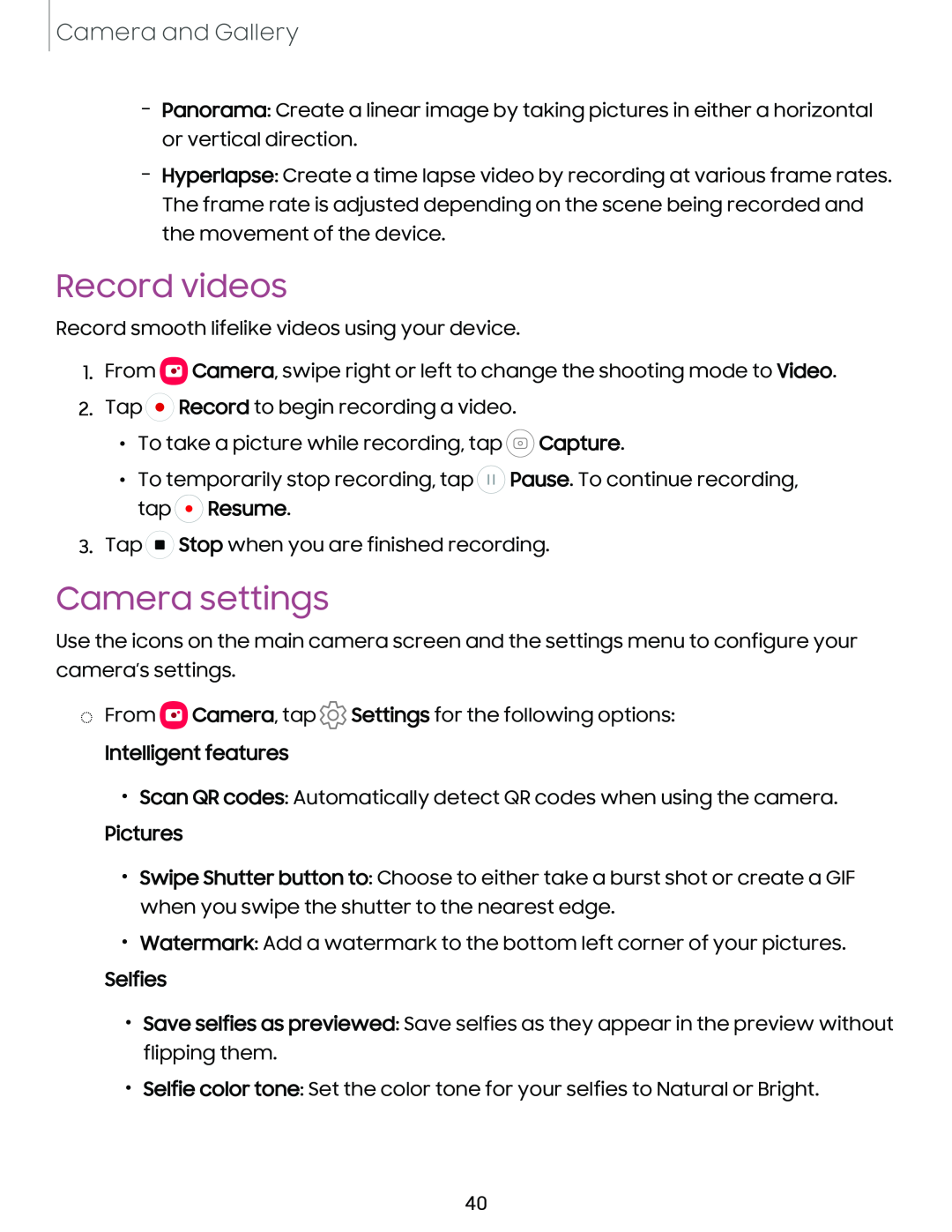 Record videos Camera settings