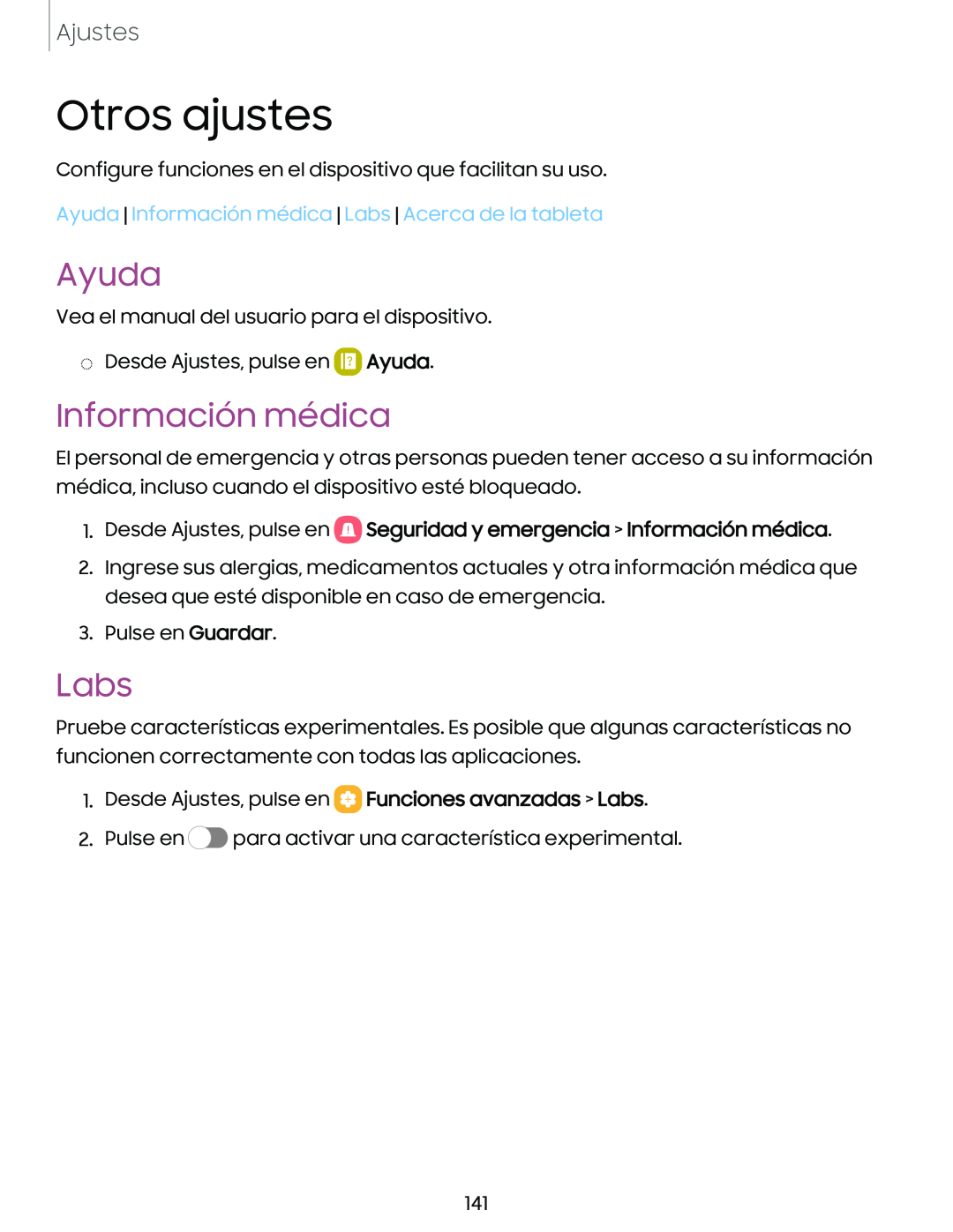 Información médica Galaxy Tab A7 Lite Verizon