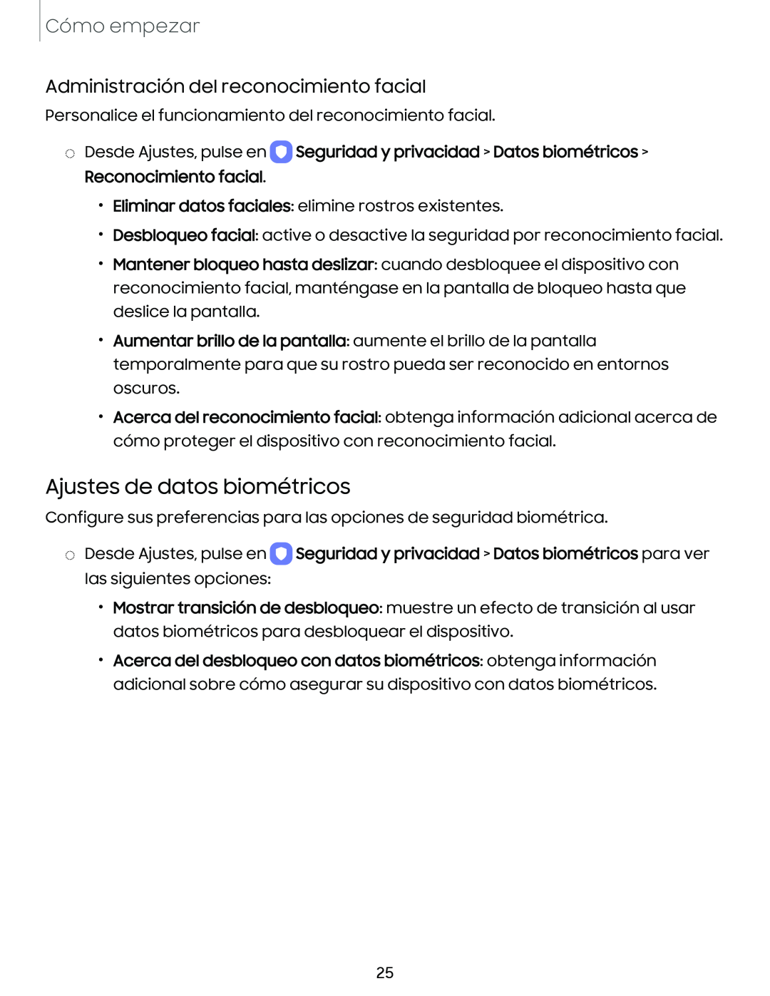 Administración del reconocimiento facial Ajustes de datos biométricos