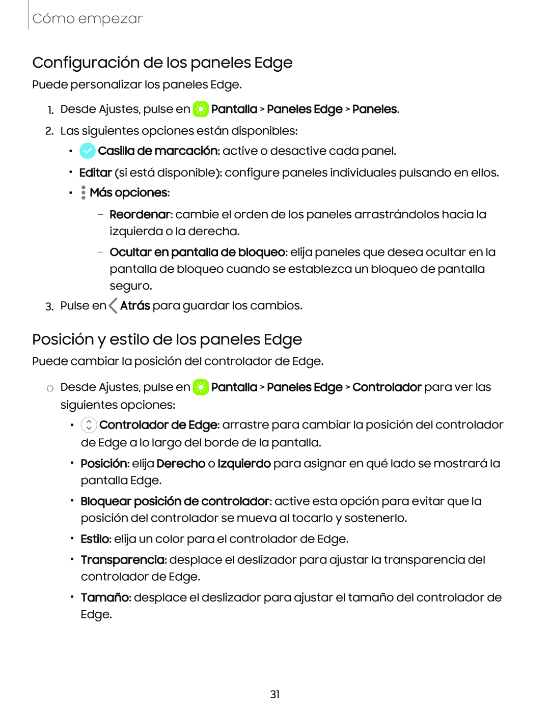 Configuración de los paneles Edge Posición y estilo de los paneles Edge