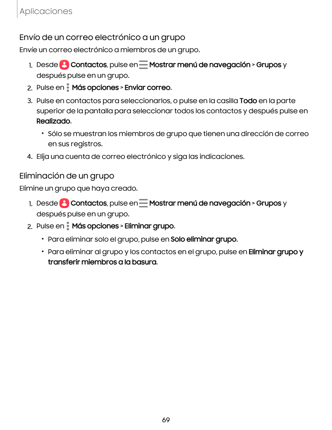 Envío de un correo electrónico a un grupo Eliminación de un grupo