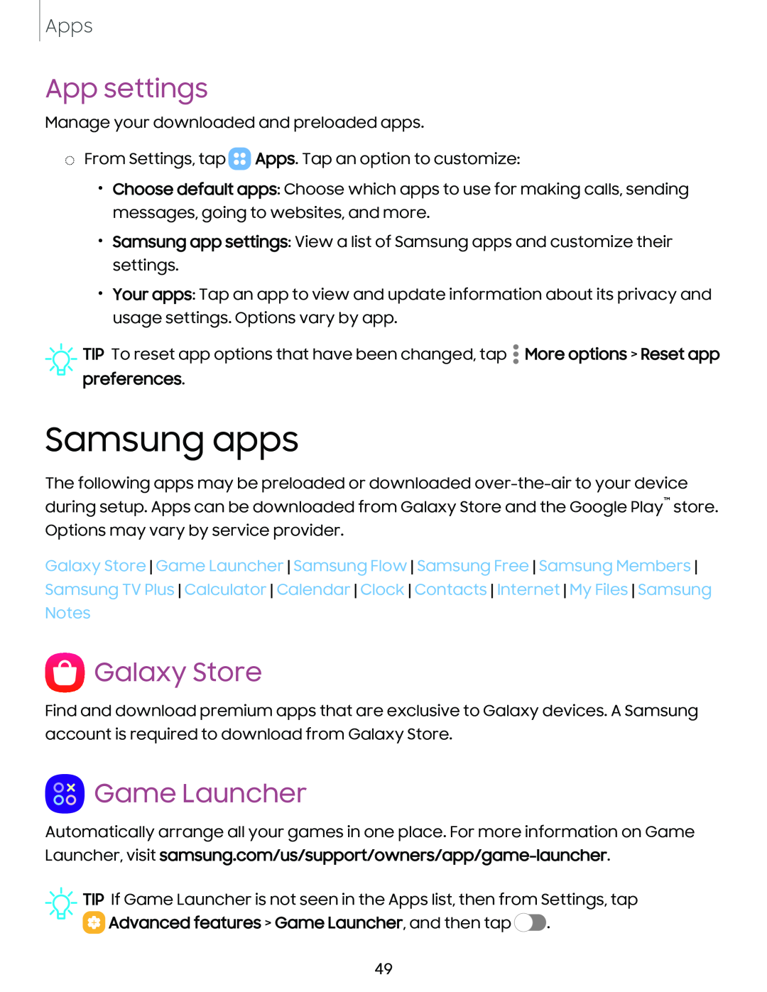 App settings Galaxy Store