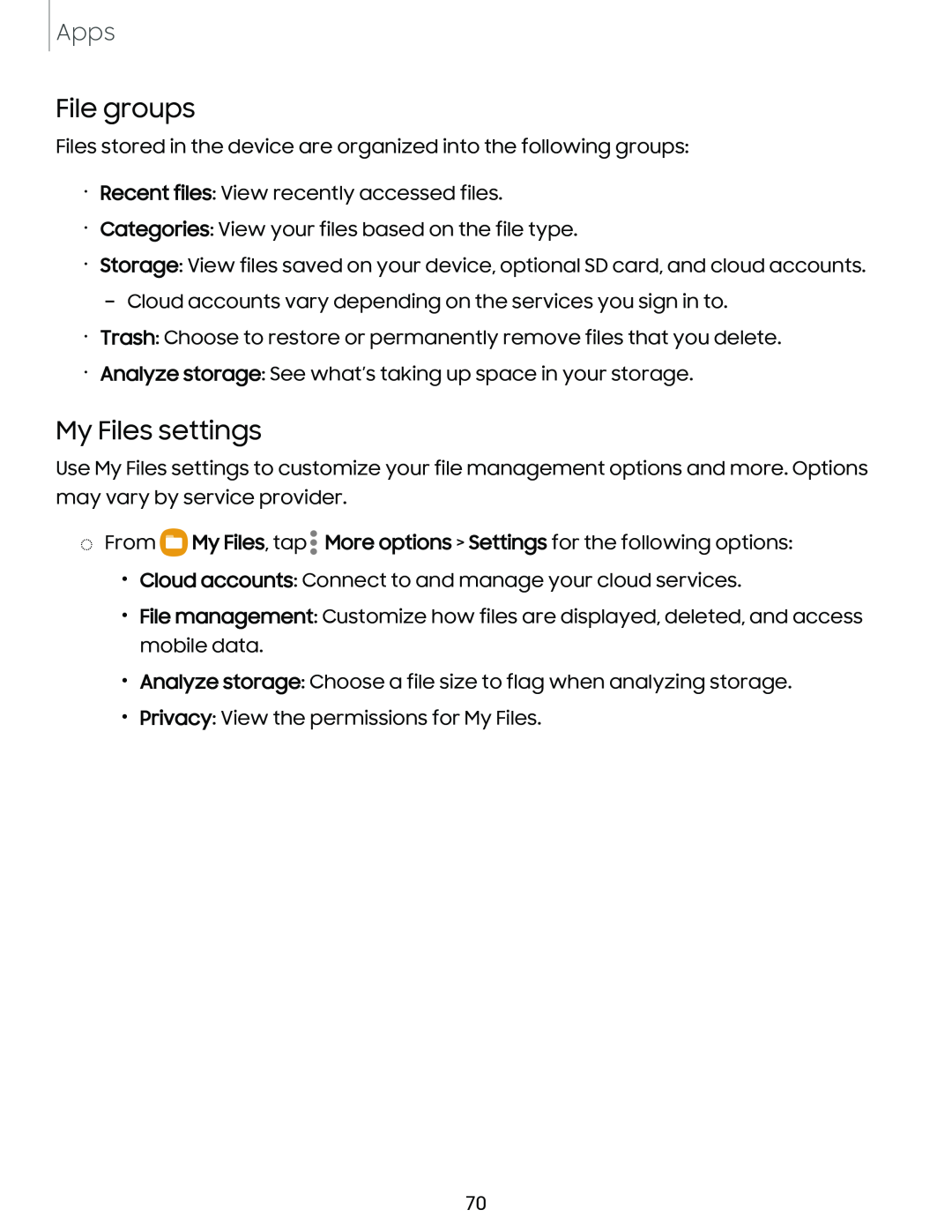 File groups My Files settings