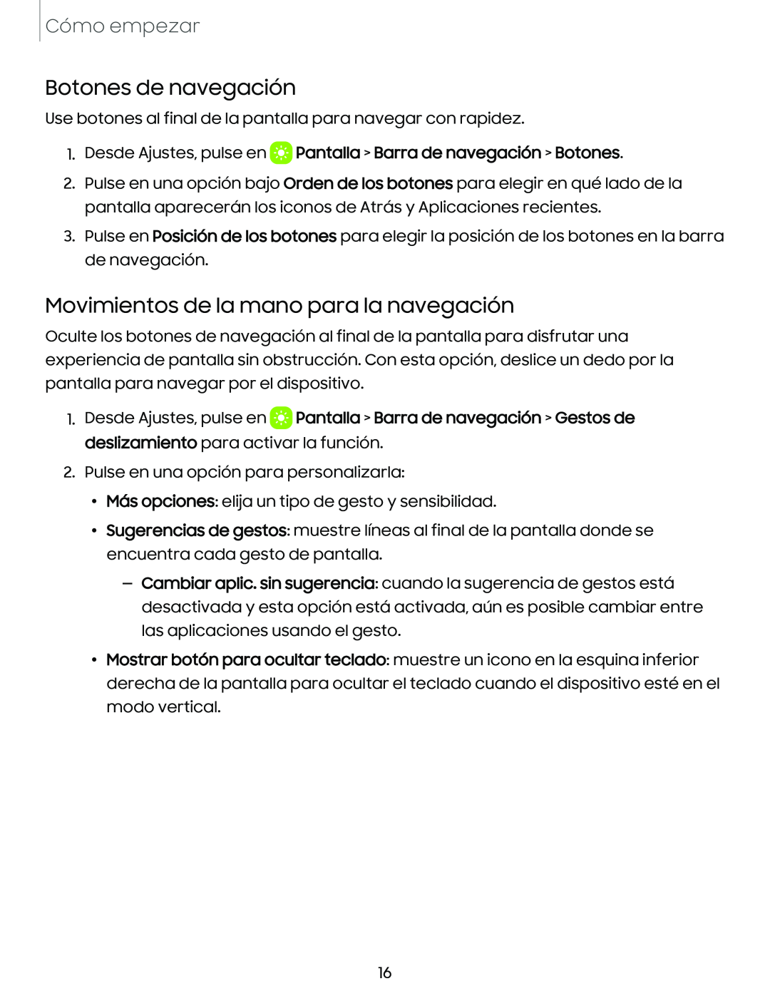 Botones de navegación Movimientos de la mano para la navegación