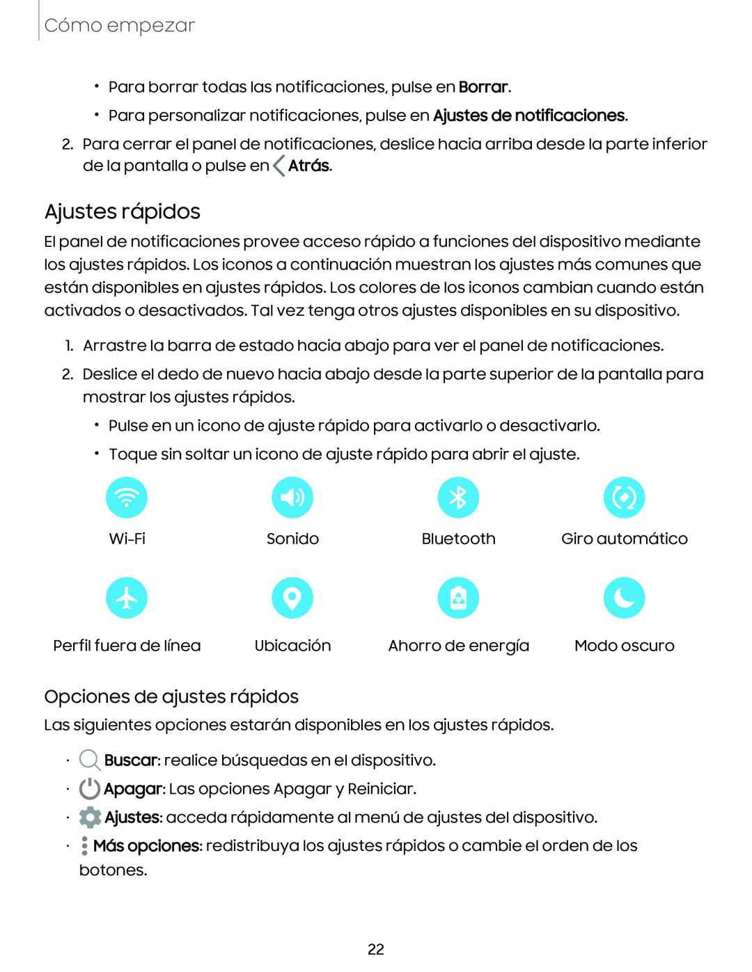 Opciones de ajustes rápidos Ajustes rápidos