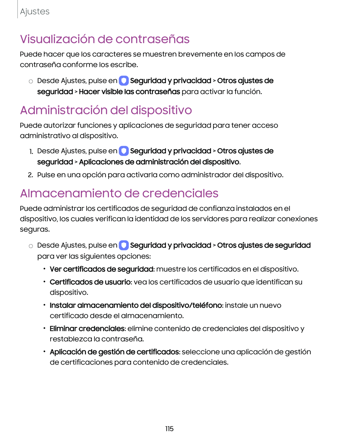 Visualización de contraseñas Administración del dispositivo