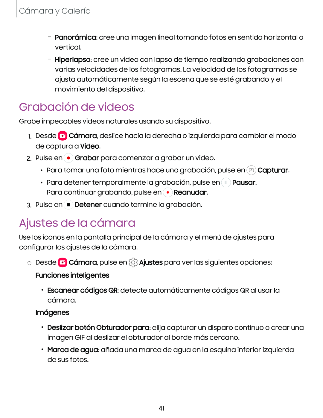 Grabación de videos Ajustes de la cámara