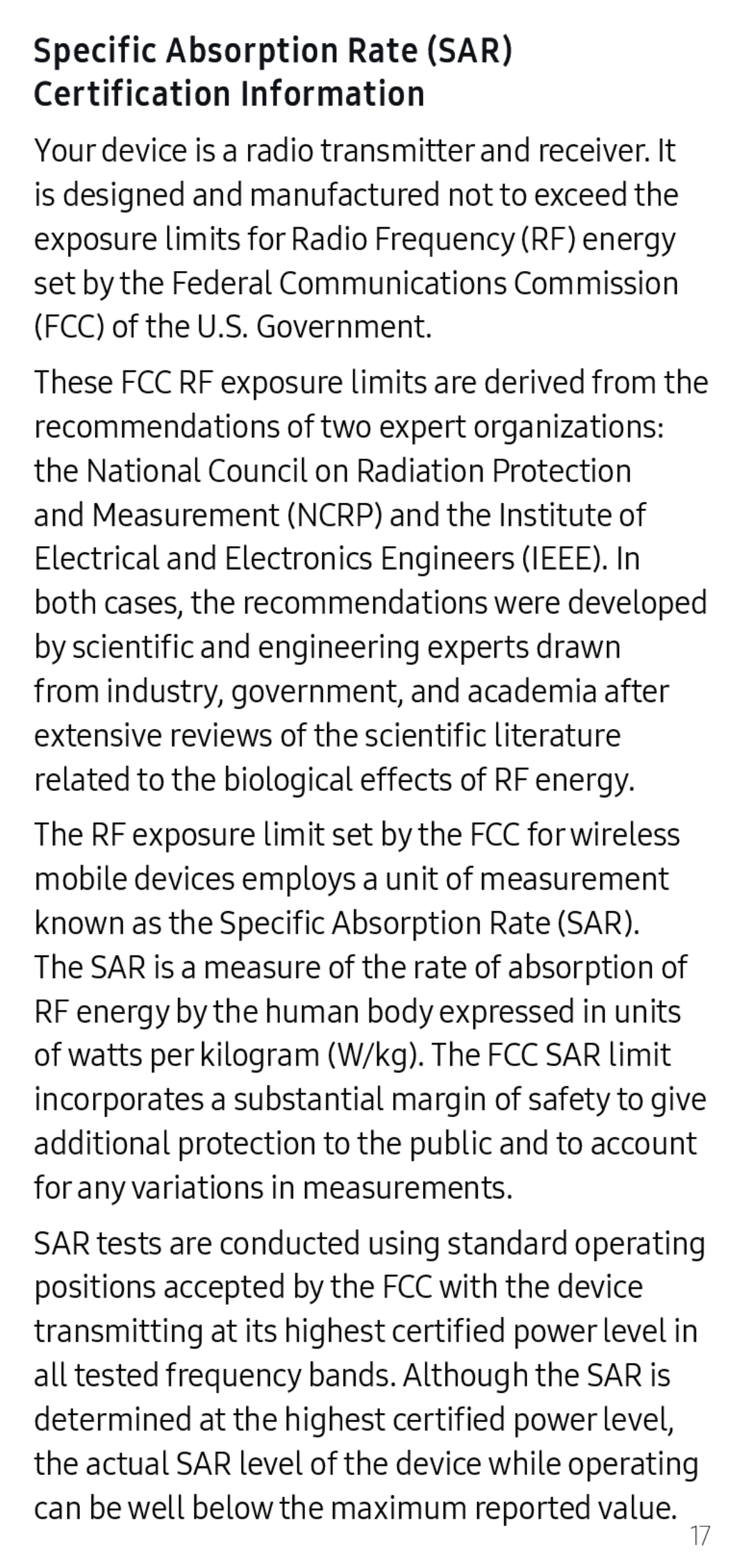 Specific Absorption Rate (SAR) Certification Information