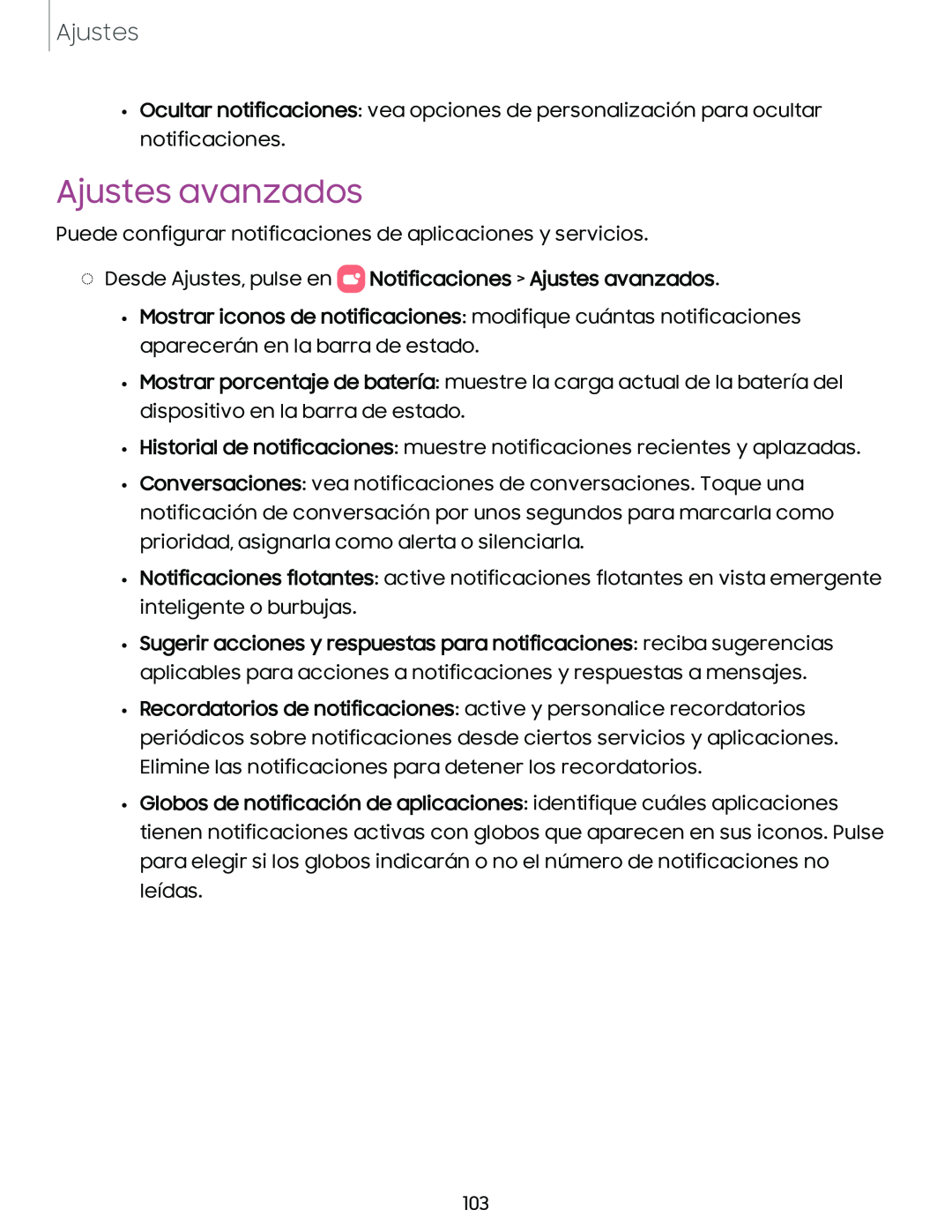 Ajustes Ocultar notificaciones