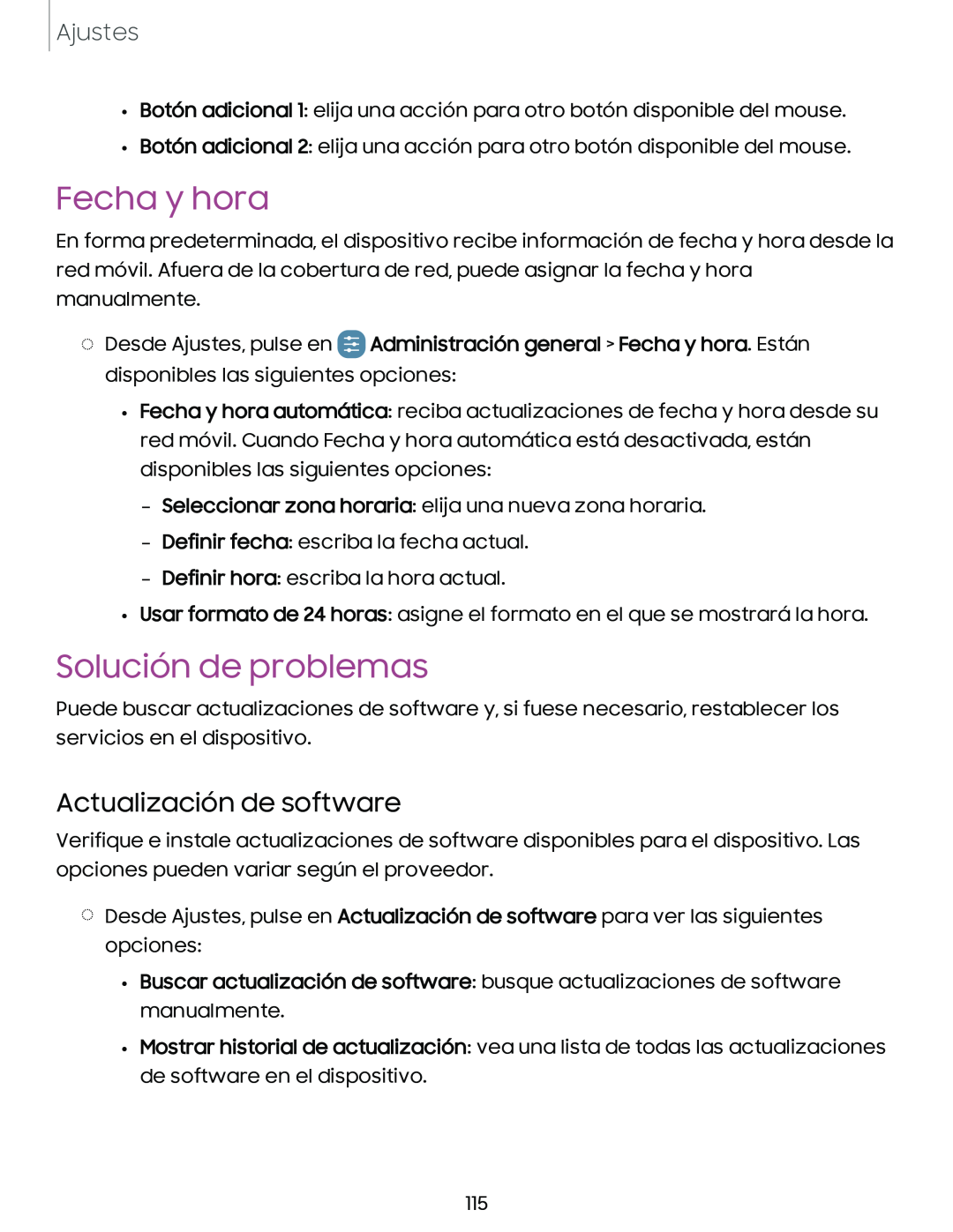 Actualización de software Fecha y hora