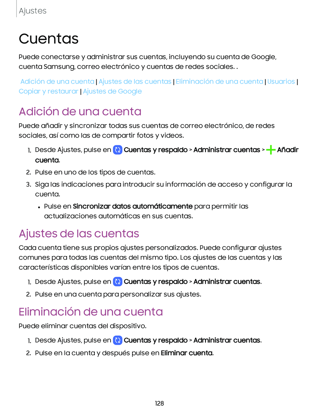 Adición de una cuenta Ajustes de las cuentas