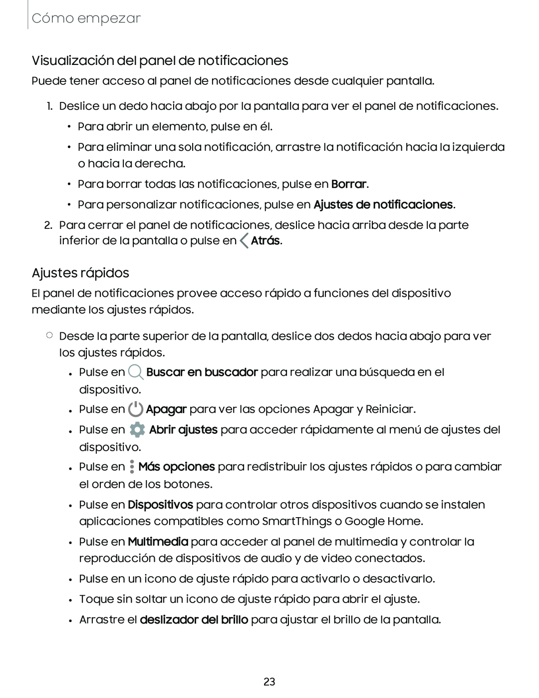 Visualización del panel de notificaciones Ajustes rápidos