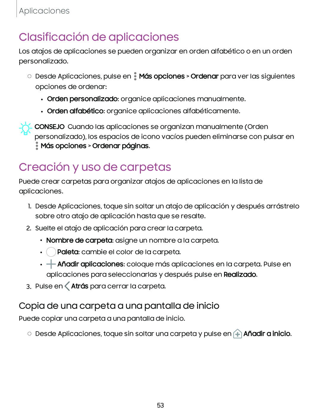 Copia de una carpeta a una pantalla de inicio Clasificación de aplicaciones