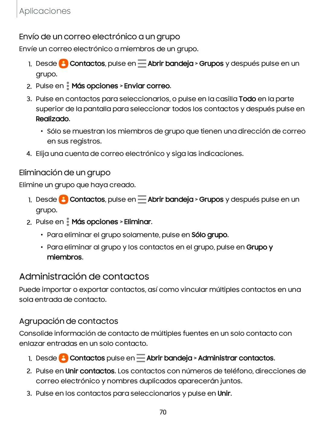 Envío de un correo electrónico a un grupo Eliminación de un grupo