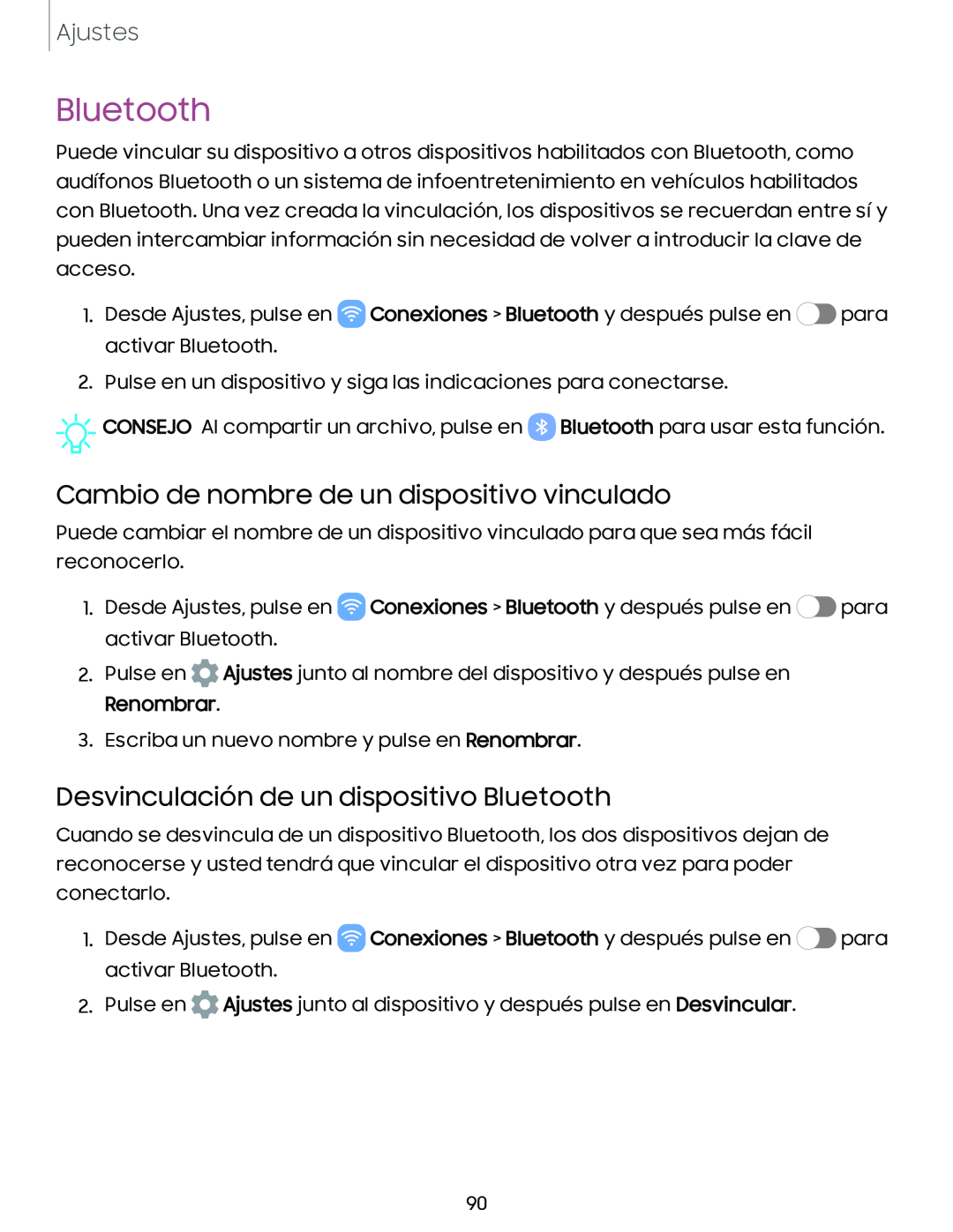 Cambio de nombre de un dispositivo vinculado Desvinculación de un dispositivo Bluetooth