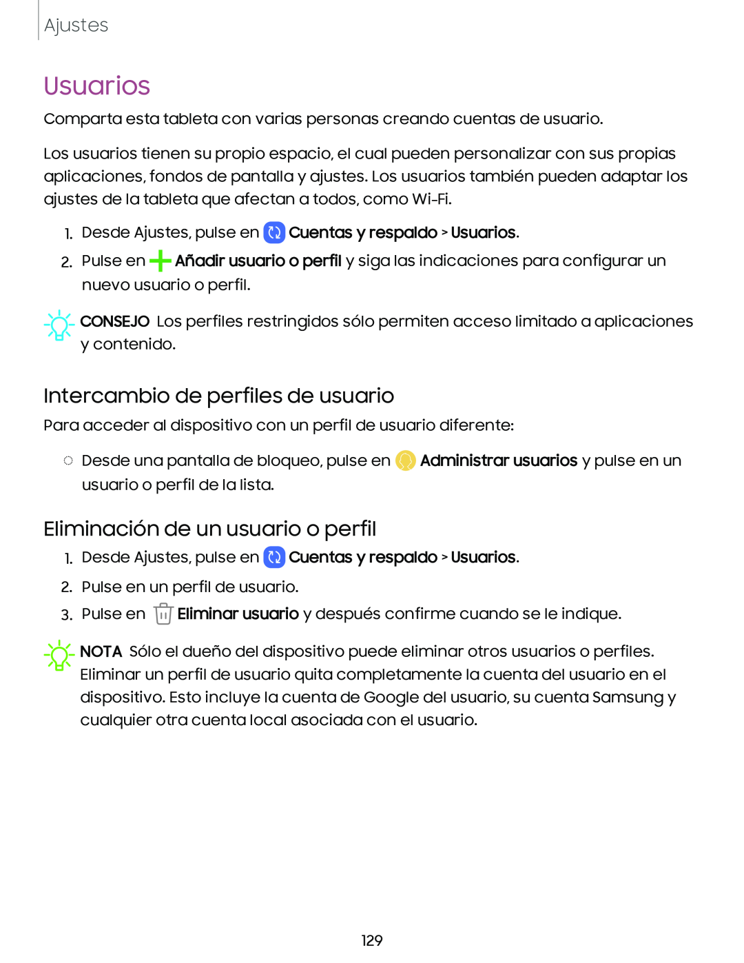 Intercambio de perfiles de usuario Eliminación de un usuario o perfil