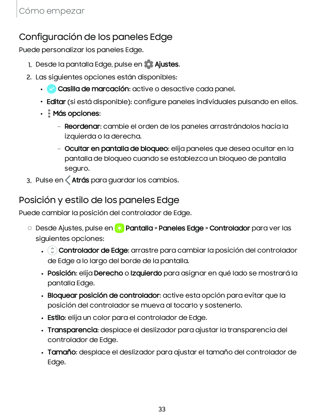 Configuración de los paneles Edge Posición y estilo de los paneles Edge