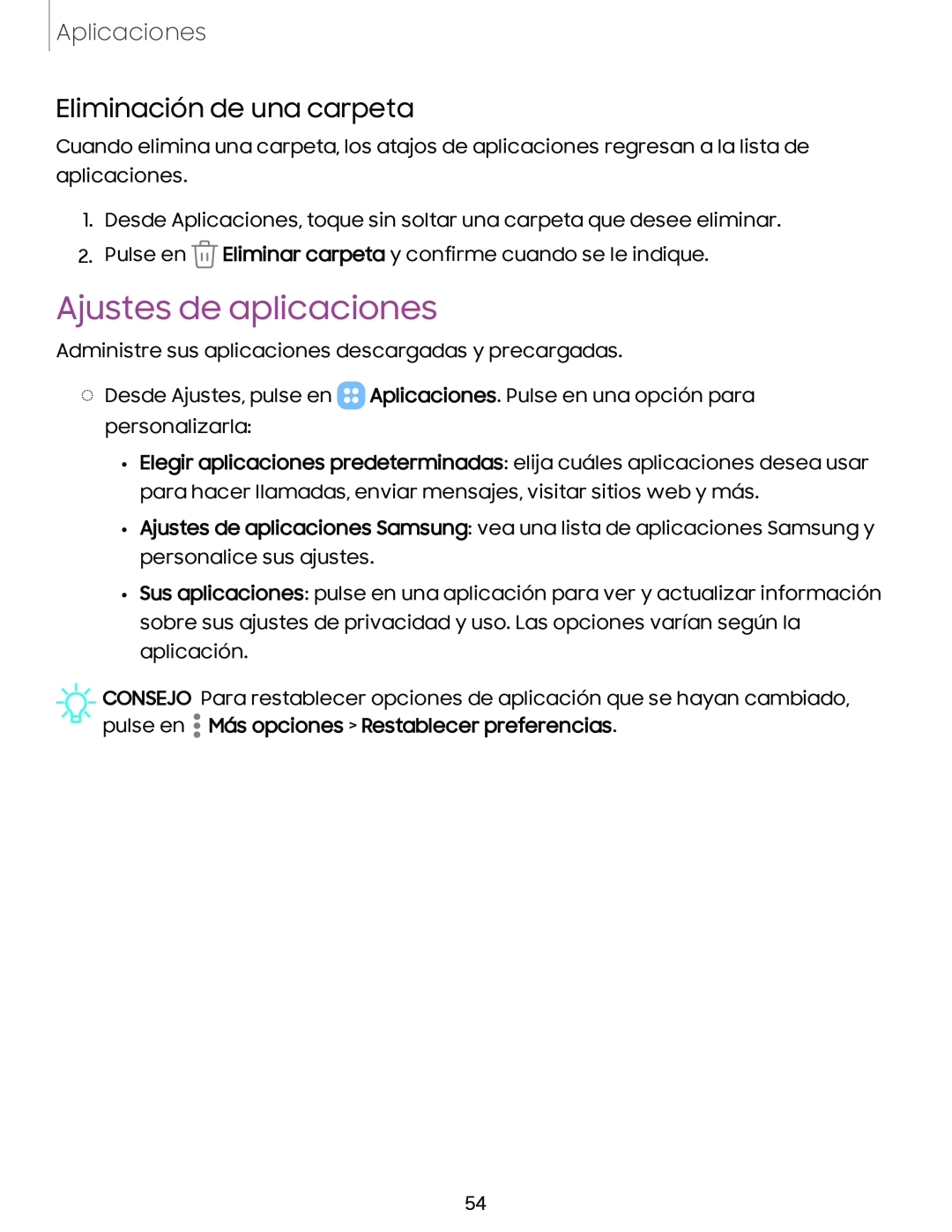 Eliminación de una carpeta Ajustes de aplicaciones