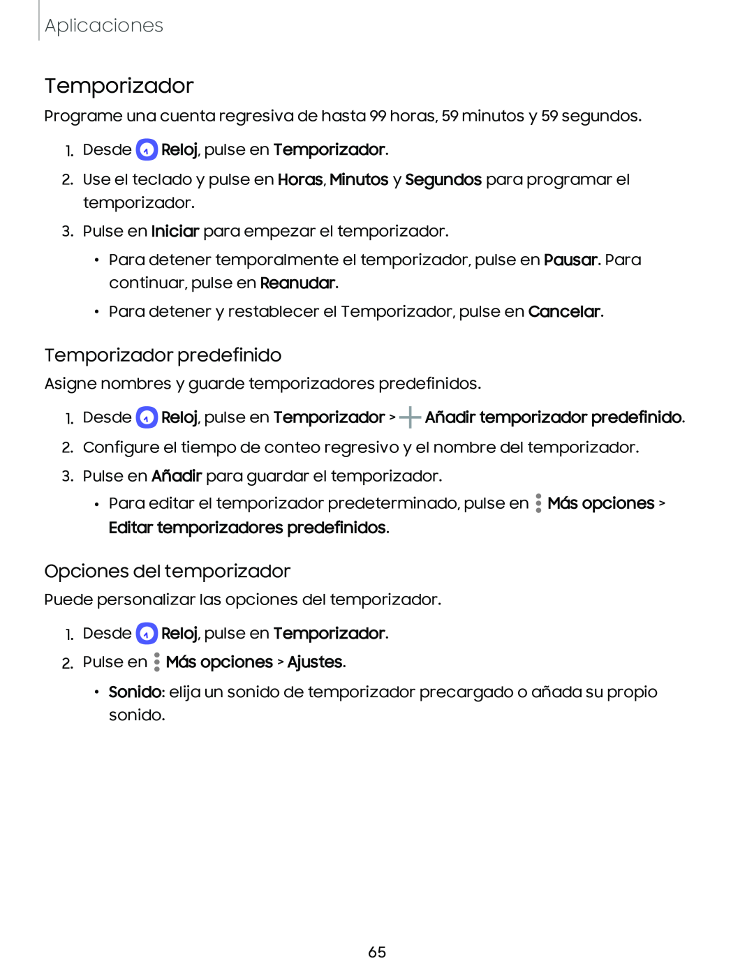 Temporizador predefinido Opciones del temporizador