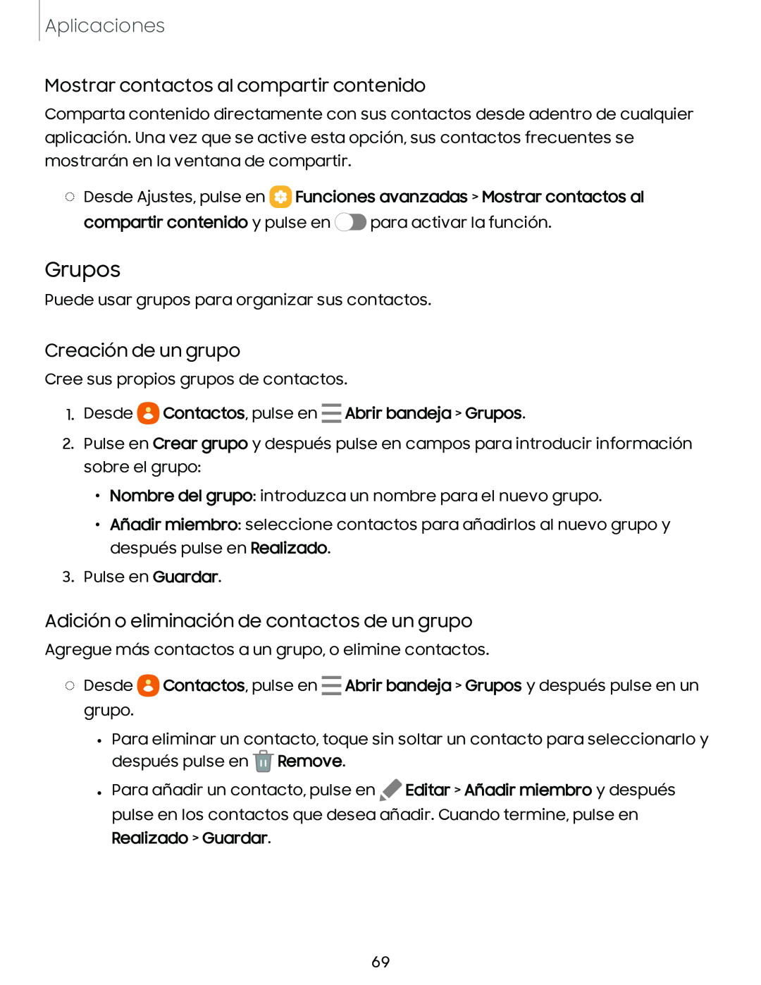 Mostrar contactos al compartir contenido Creación de un grupo