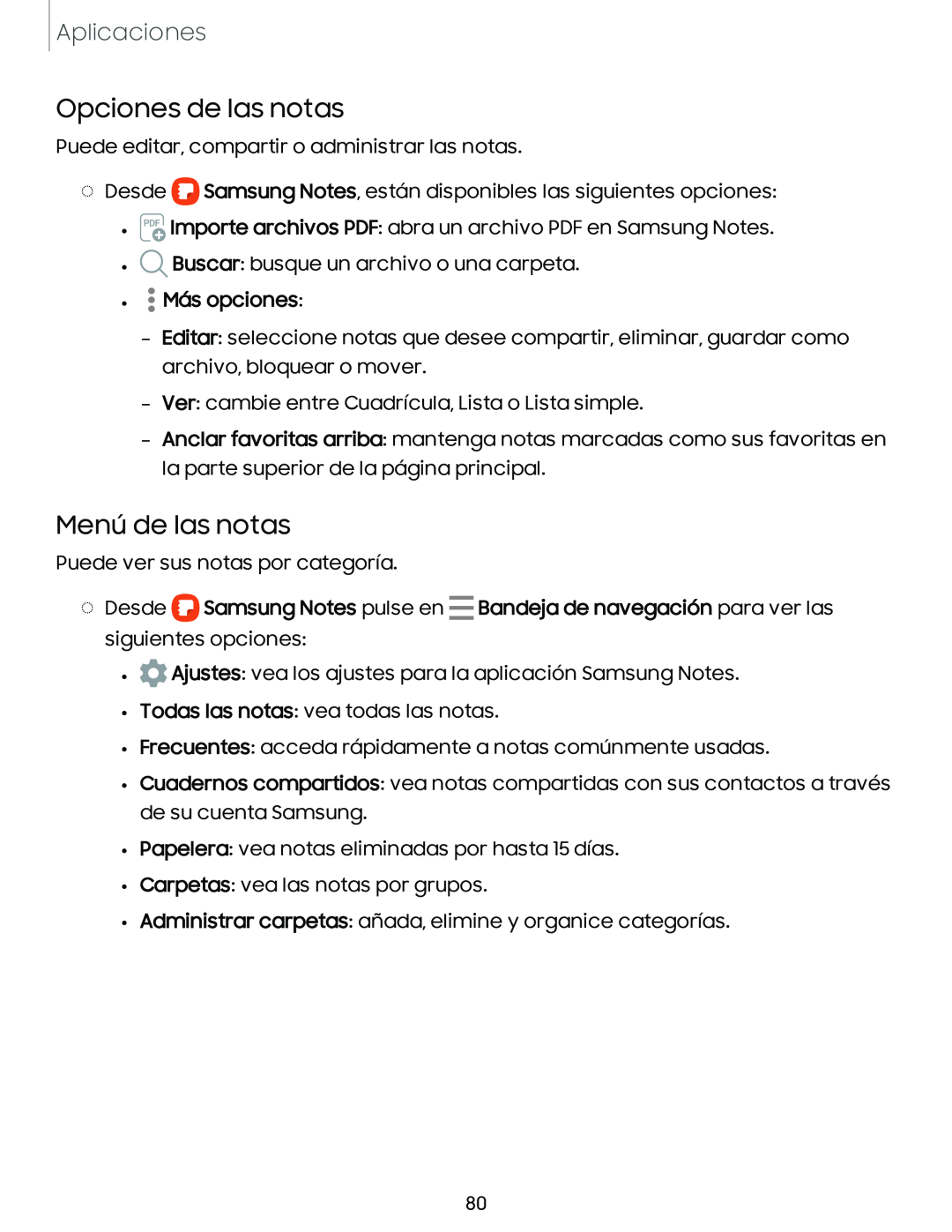 Opciones de las notas Menú de las notas