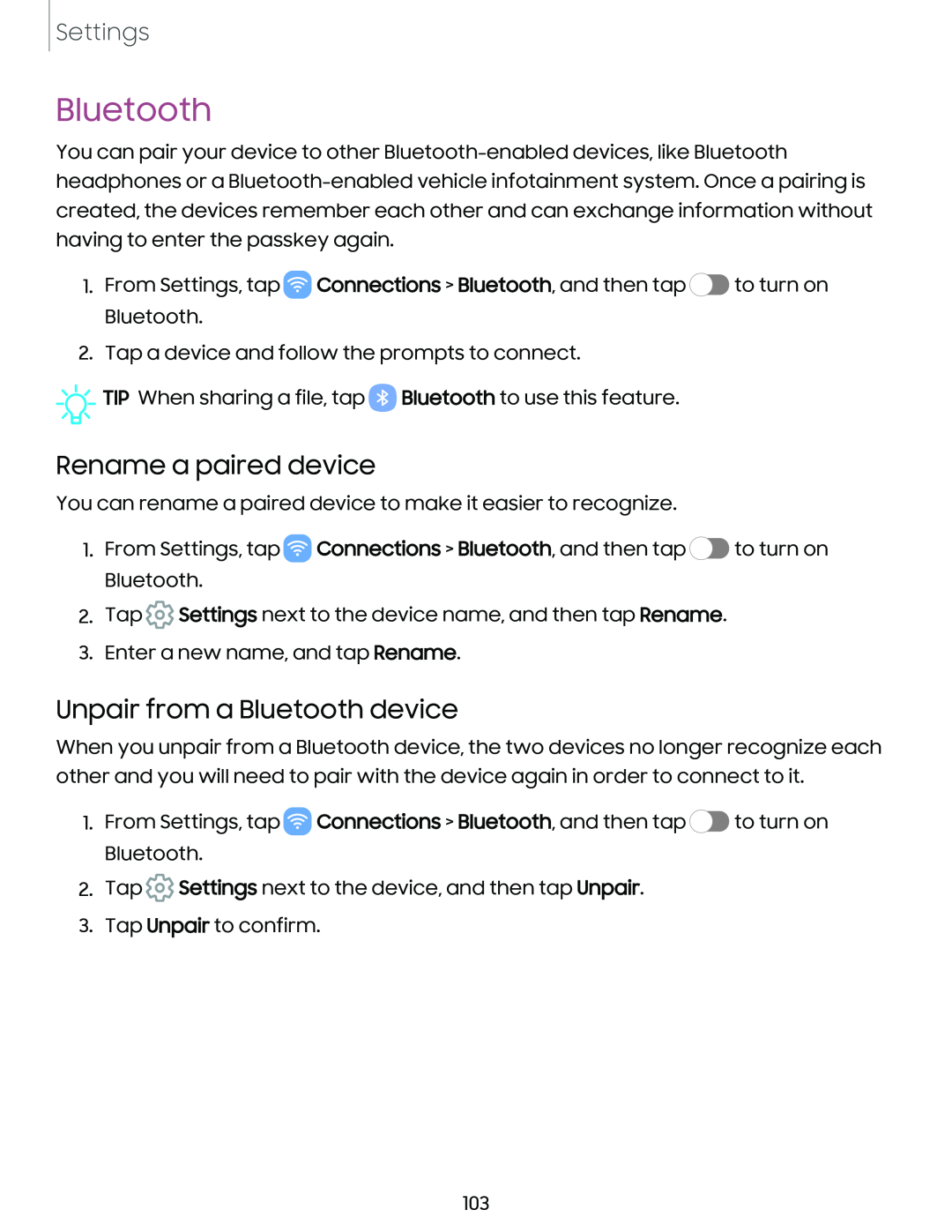 Rename a paired device Unpair from a Bluetooth device